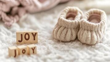 Tiny Baby Booties on Soft Carpet with Play Cubes Reading Joy Highlighting Innocence photo