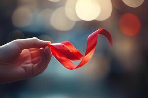 Close Up of Hand Holding Red Ribbon with Blurred Background photo