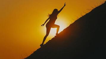 Silhouette of a Woman Climbing a Steep Mountain photo