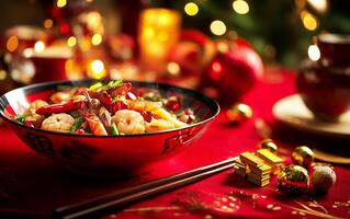 Festive Dinner Table with Asian Foods on Red Table cloth photo
