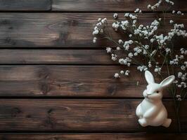 Pascua de Resurrección celebracion modelo con decorativo conejito y flores silvestres en rústico de madera antecedentes foto