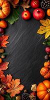 Harvest Festival Fruits on Dark Background with Central Space for Creative Use photo