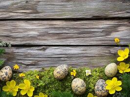 Grass Border and Colored Easter Eggs on Dark Wooden Background Frame photo