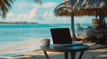 Remote Work Setup with Laptop and Coffee Mug on a Tropical Island photo