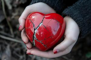 Hands Holding a Red Heart with Cracks in Their Palm photo