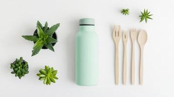 Top Down View of Reusable Water Bottle and Miniature Potted Plants on White Background photo