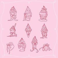 Hand drawn romantic doodle set with icons in the form of icecreams with bows and ribbons. linear illustrations with ice cream with free hand lines. vector