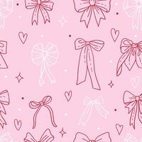 Seamless pattern with linear pink bow knots on pink background. Trendy hair braiding accessory background. Doodle illustration for wrapping paper, packaging, fabric, decor vector