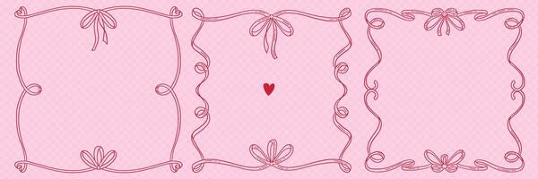 Vintage ribbon frames set in hand drawn doodle style for greeting card, wedding, menu, birthday, friendsmas, retro party invitation design. Wavy frames with bow in elegant coquette style. . vector