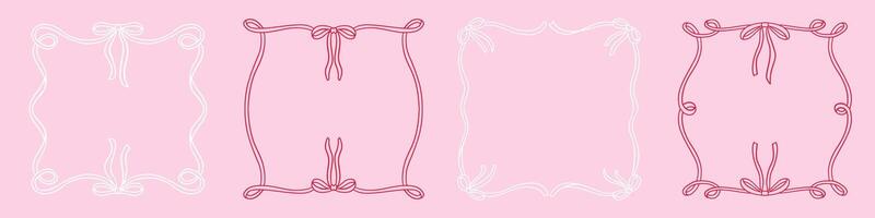 Vintage frame set in hand drawn doodle style for greeting card, wedding, menu, birthday, friendsmas, retro party invitation design. Wavy frames with bow in elegant coquette style. illustration. vector