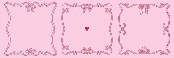 Vintage ribbon frames set in hand drawn doodle style for greeting card, wedding, menu, birthday, friendsmas, retro party invitation design. Wavy frames with bow in elegant coquette style. . vector