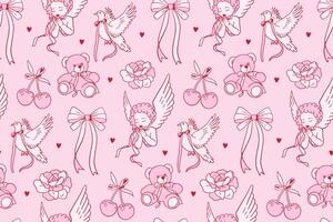 Coquettish Valentine seamless pattern with hand drawn Cherries , teddy, dove and cupid with pink bows, hearts and flowers. Vintage design for wrapping paper and fabric vector