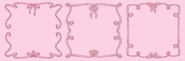 Vintage frame set in hand drawn doodle style for greeting card, wedding, menu, birthday, friendsmas, retro party invitation design. Wavy frames with bow in elegant coquette style. illustration. vector