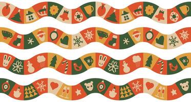 New Year Christmas checkered wavy geometric seamless pattern. Decorative mosaic elements, ornamental square tiles, minimal holiday icons vector