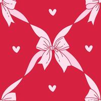 Seamless pattern with ribbon bows, ribbons and hearts. Ballet, coquette core print foe Valentines day. Hand drawn linear pink girly background for fabric, wrapping paper, textile vector
