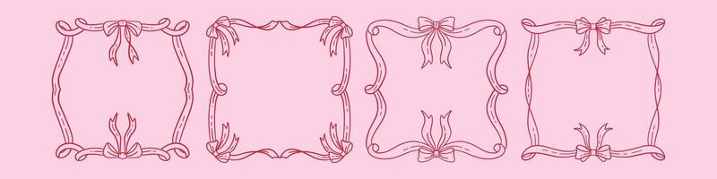 Vintage ribbon frames set in hand drawn doodle style for greeting card, wedding, menu, birthday, friendsmas, retro party invitation design. Wavy frames with bow in elegant coquette style. . vector