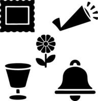 megaphone, daisy flower, wine glass, bell, icons, Black and white icons, minimalist design, postage stamp, simple shapes, graphic elements, vector