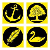 leafy tree silhouette, delicate feather, graceful swan, symbolic imagery, graphic design elements,Yellow and black icons, circular designs, bold contrasts, minimalist illustrations, nautical anchor, vector