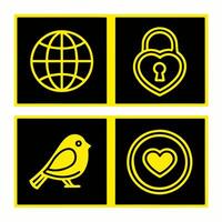 heart-shaped padlock, bird silhouette, circular heart emblem, geometric shapes, high contrast,Yellow neon icons, black background, minimalist design, globe symbol, vector