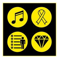 music note, awareness ribbon, checklist with figure, diamond shape, circular emblems,Yellow icons on black background, minimalist design vector