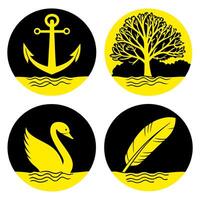 anchor illustration, tree silhouette, swan outline, feather graphic, water waves, high contrast, simple shapes, circular icons, black and yellow color scheme, minimalist design, nautical theme vector