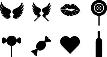wings, lips, target, lollipop, candy, heart, wine bottle, simple shapes, graphic symbols, silhouettes, clean lines, bold contrast, modern iconography, visual communication, flat design, symmetry, vector