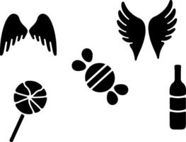 angel wings, lollipop, candy, wine bottle, simple shapes, silhouettes, graphic elements, clean lines, symbolic imagery, contrast, flat design, abstract representations, visual symbols, iconic forms, vector