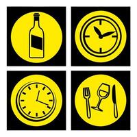 four different icons of a bottle, clock, fork, and knife vector