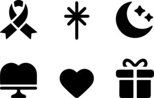 star burst, crescent moon, open book, heart shape, gift box, Black and white icons, minimalist symbols, awareness ribbon, simple graphic design,illustrations vector