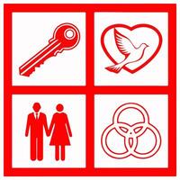 Red and white graphic icons, symbolic imagery, key symbol, dove in heart, couple silhouette, triple circle logo, minimalist design, bold lines, square grid layout, contrasting colors, simple shapes, vector