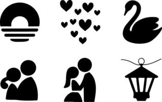 unset symbol, heart shapes, swan silhouette, Black and white icons, minimalist design, couple embracing, street lamp outline, romantic elements, vector