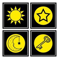 Yellow icons on black backgrounds, simple geometric shapes, sun, star, crescent moon, key, minimalist design, high contrast, square frames, bold graphic style, clean lines, symmetrical layout vector