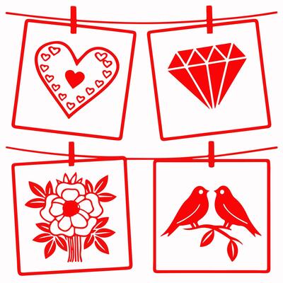 Red line art, Valentine's Day symbols, heart with small hearts, diamond gemstone, flower bouquet, love birds on branch, hanging polaroid style frames, clothesline display, minimalist design
