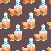Hand drawn seamless pattern of a decanter and a glass of whiskey or brandy cocktail with a citrus orange slice vector