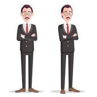 Cartoon Businessman Character Arms Crossed. Businessman Standing with Folded Arms and Smiling, Front and Side view , Isolated Illustration vector