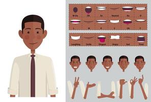 Stylized Cartoon Black Man Character Face Creation, with expressions, Lip-sync, Hand Gestures and emotions. Ideal for Animations, Presentations and posing, Flat Design, Illustration vector