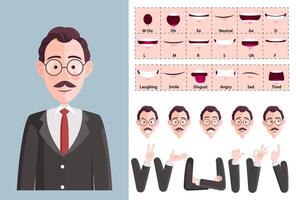 Stylized Businessman Character with expressions, Lip-sync, Hand Gestures and emotions. Ideal for Animations, Presentations and posing, Flat Design, Illustration vector