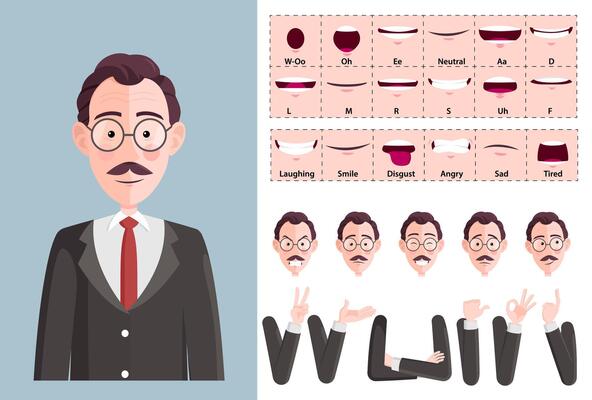 Stylized Businessman Character with expressions, Lip-sync, Hand Gestures and emotions. Ideal for Animations, Presentations and posing, Flat Design, Illustration