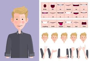 Stylized Blond Young Man Character Face Creation, with expressions, Lip-sync, Hand Gestures and emotions. Ideal for Animations, Presentations and posing, Flat Design, Illustration vector