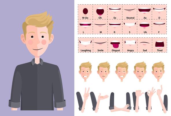 Stylized Blond Young Man Character Face Creation, with expressions, Lip-sync, Hand Gestures and emotions. Ideal for Animations, Presentations and posing, Flat Design, Illustration
