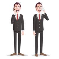 Cartoon Businessman Character Answering Phone Call. Businessman Talking on Smartphone and Smiling, Front and Side view , Isolated Illustration vector