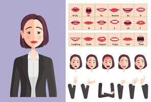 Stylized Business Woman Character with expressions, Lip-sync, Hand Gestures and emotions. Ideal for Animations, Presentations and posing, Flat Design, Illustration vector
