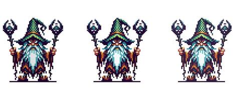Pixel art wizard in a green pointed hat with a white beard holding two staffs with glowing blue orbs against a white background vector