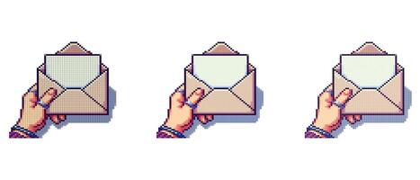 Pixel art of a hand holding an open envelope with a piece of paper inside, adorned with rings and bracelets, against a light background. vector