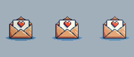 Pixel art of an open envelope with a white letter inside adorned with a red heart, on a light blue background, symbolizing Valentine's Day. vector