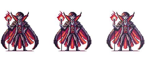 Pixel art depiction of Count Dracula in a dark cloak holding a staff with a fiery orb standing confidently against a white background vector