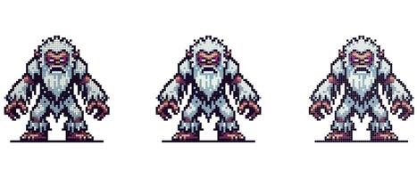 Pixel art Yeti standing confidently with muscular build and fierce expression against a white background vector