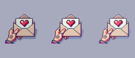 Pixel art of a hand holding an open envelope with a red heart inside on a light purple background for Valentine's Day. vector