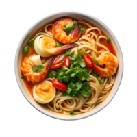 Noodles ramen in spicy soup with shrimps with transparent background png
