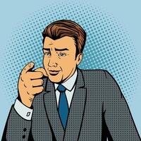 Man pointing forward by finger pop art style illustration. Comic book style imitation vector